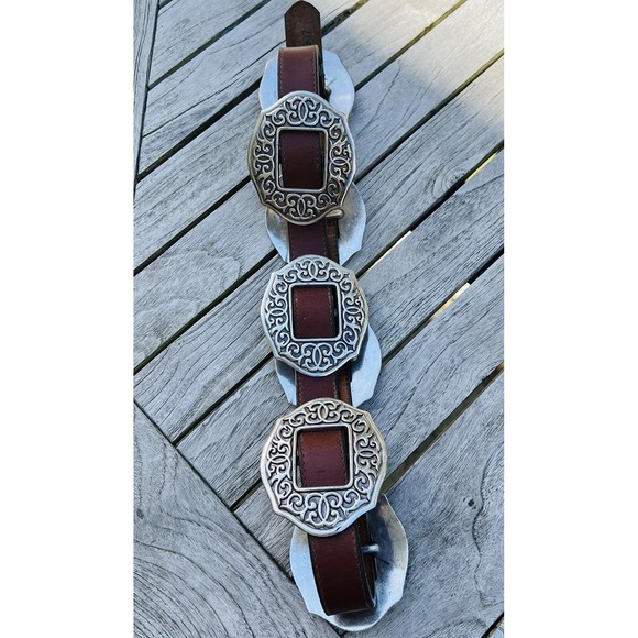 Vtg 90's Brighton Oval Sunflower Concho Belt S Brown Leather Floral Boho Cowgirl - Picture 4 of 15